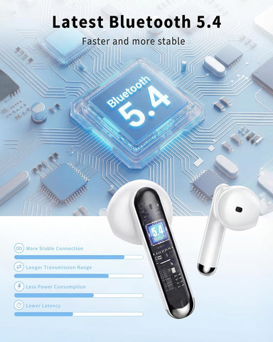 Wireless Earbuds, 2026 Bluetooth 5.4 Headphones Bass Stereo Ear Buds with Noise Cancelling Mic, LED Display in Ear Earphones 50H Playtime Ear Buds, IP7 Waterproof for Laptop Pad Phones Bright White