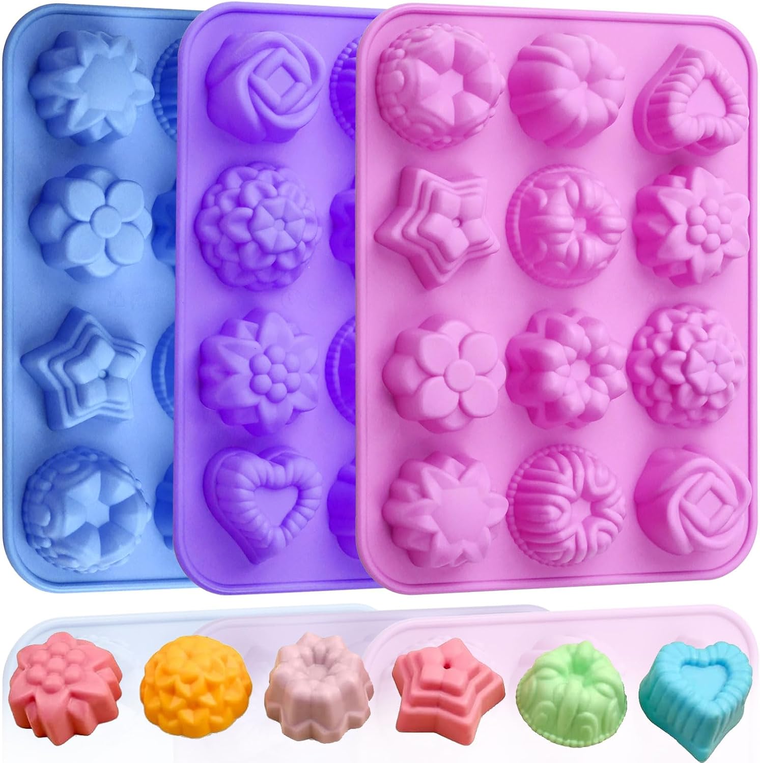 Soap Molds Silicone Flower Shapes 3 Packs for Chocolate Gelatina Lotion Bar Candy Ice Cube Jelly Bathbomb, Blossom Rose Baking Tray Molds Unique Heart Star Food Grade Non-stick Homemade DIY BPA free