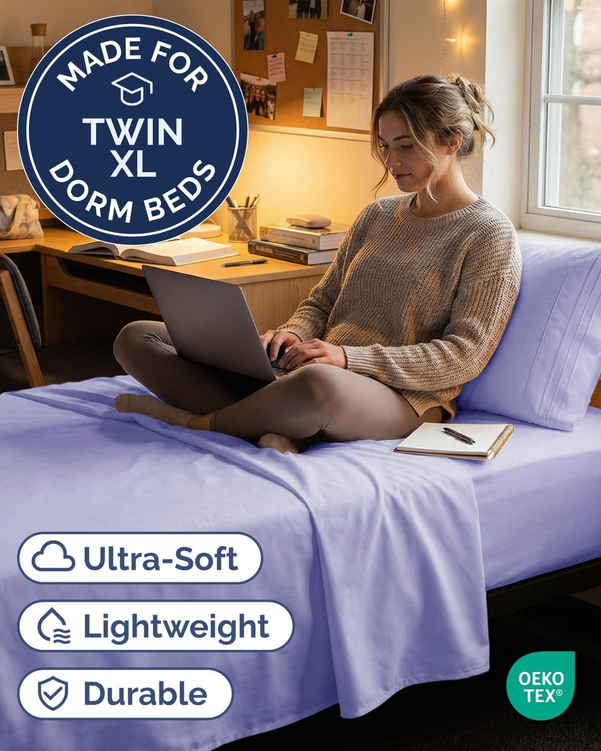 Twin XL 3 Piece Sheet Set - College Dorm Room Essentials - Lavender