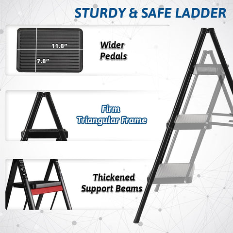 Double Elite Folding 3 Step Ladder, Sturdy Small Step Stool for Adults, Safer Full Steel Multi-use Kitchen Ladder for Home, Closet Step Stool Ladder with Wide Pedals, Black, 3-Step