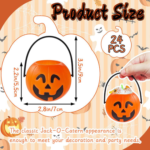 24 Pcs Mini Halloween Portable Pumpkin Bucket,2.8 In Plastic Pumpkin Candy Bucket,Trick or Treat Candy Pail Holder for Halloween Party Favor,Decoration Props