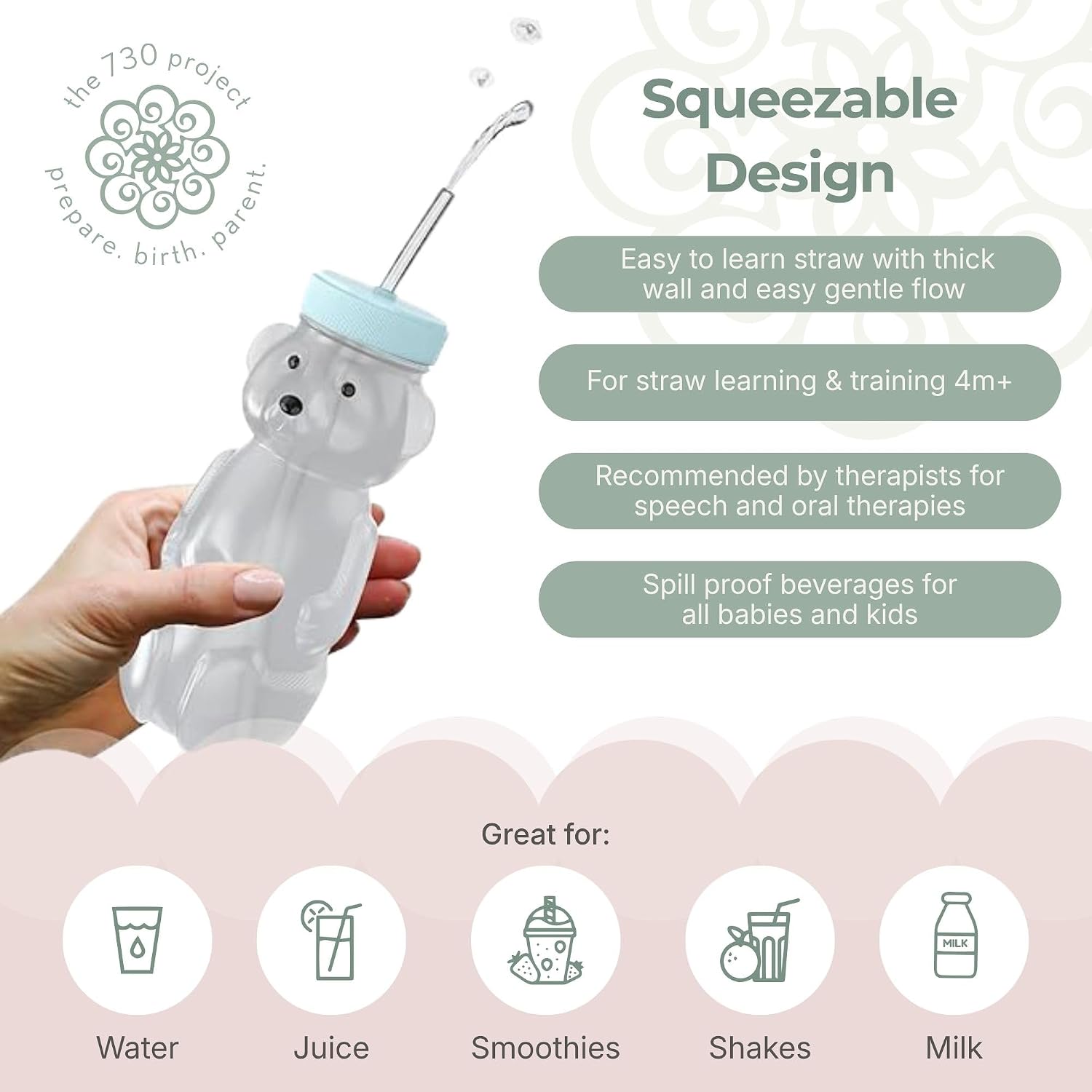 The 730 Project Honey Bear Straw Cup for Babies, 3-Pack 8 oz Blizzard Aqua