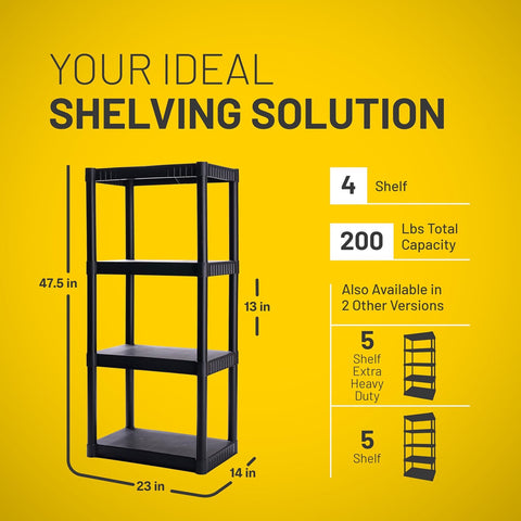 Plano 4-Shelf Plastic Storage Shelves, 48” x 23” x 14”, 200lb Capacity, Pantry, Office, Closet and Garage Shelves, Easy to Assemble, Durable Plastic Shelving Unit