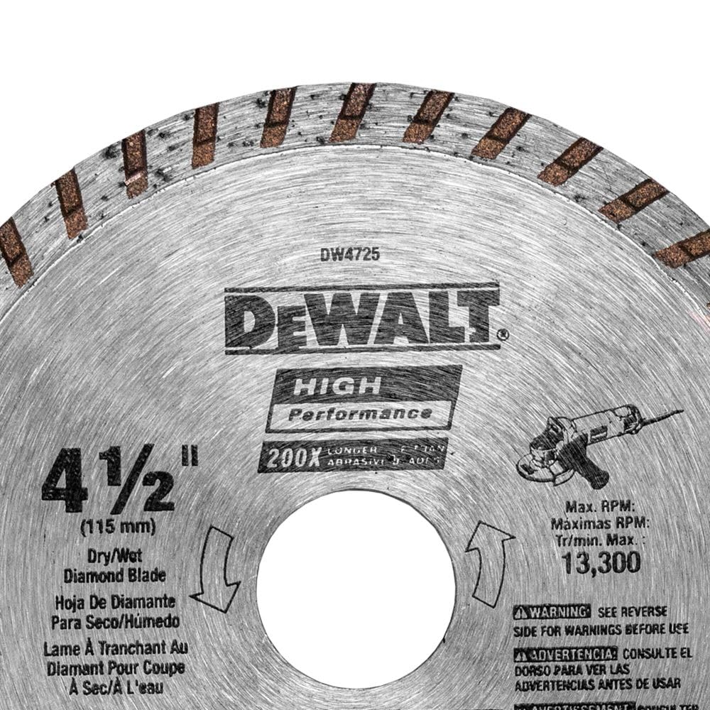 DEWALT Diamond Blade for Masonry, Dry Cutting, Continuous Rim, 7/8-Inch Arbor, 4-1/2-Inch (DW4725)