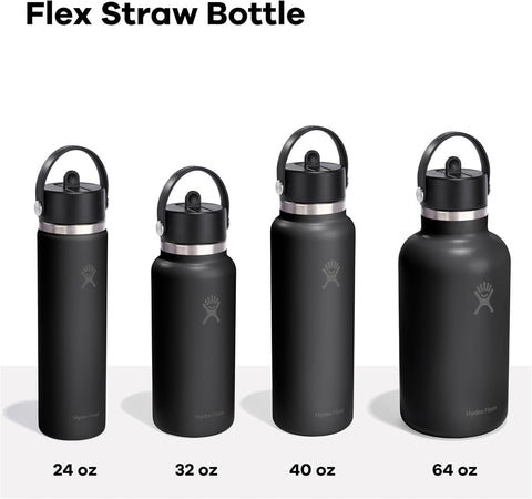 Hydro Flask Water Bottle - Insulated Stainless Steel - Wide Straw Lid, Non Spill, Leakproof in 24 Oz Tonal Black