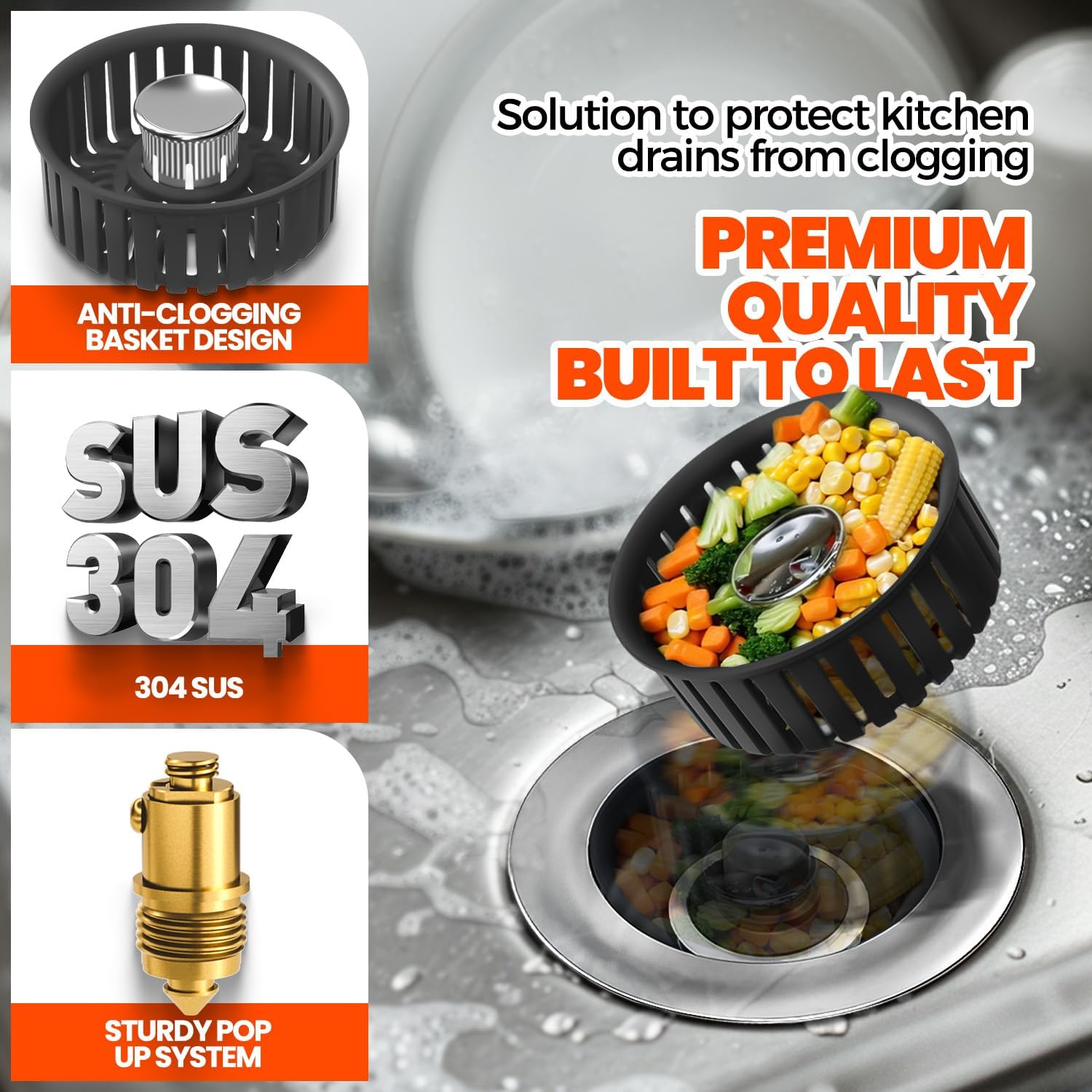 3 in 1 Kitchen Sink Drain Strainer and Stopper Black 1 Pack