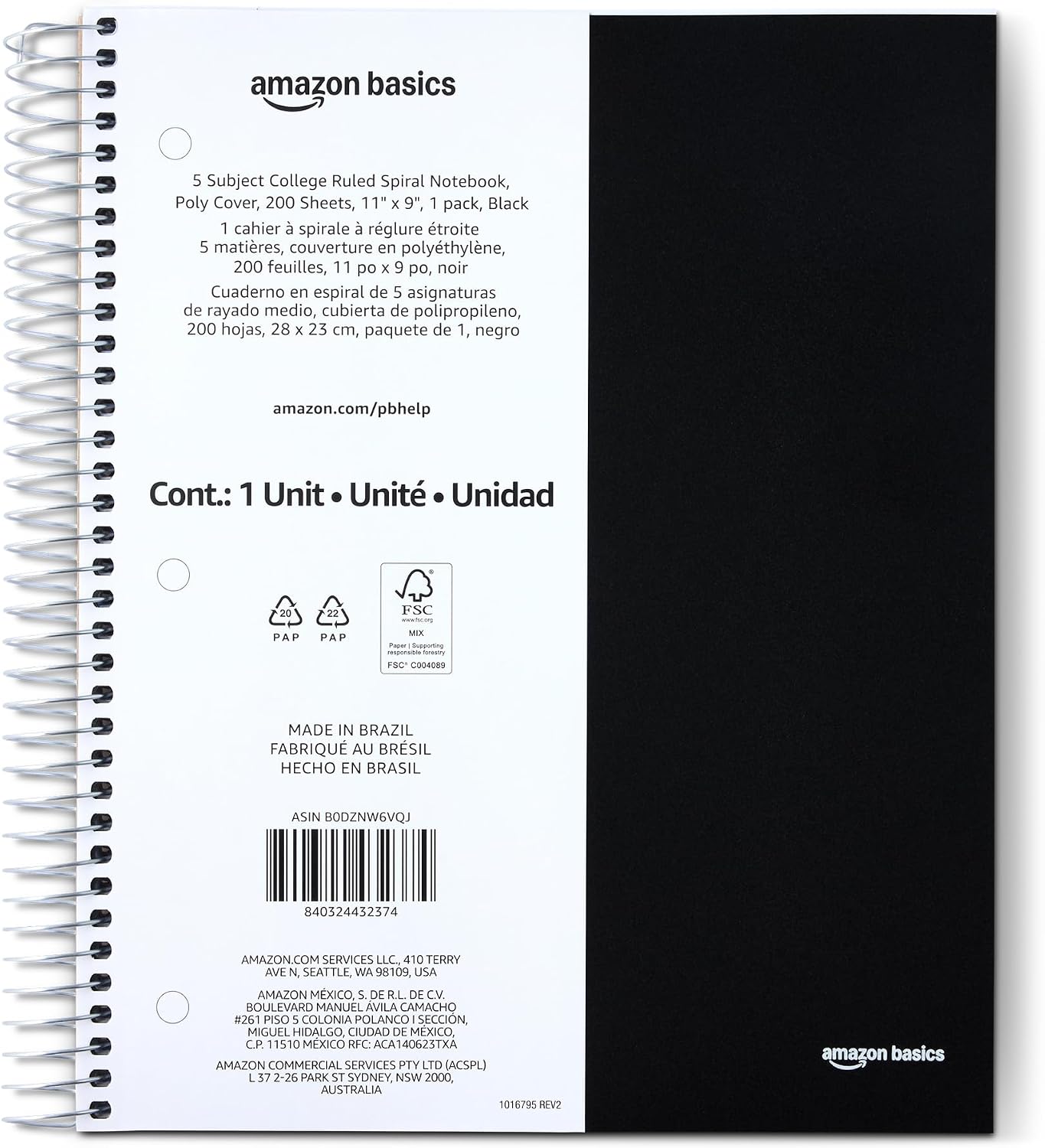 Amazon Basics College Ruled 5-Subject Spiral Notebook, 200 Sheets, 9" x 11", Black