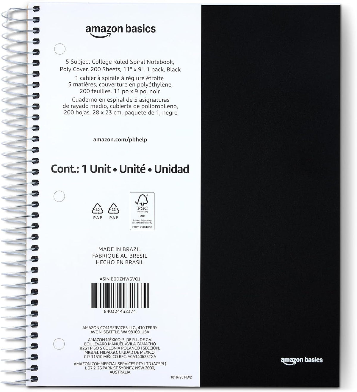 Amazon Basics College Ruled 5-Subject Spiral Notebook, 200 Sheets, 9" x 11", Black