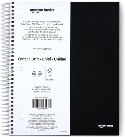 Amazon Basics College Ruled 5-Subject Spiral Notebook, 200 Sheets, 9" x 11", Black