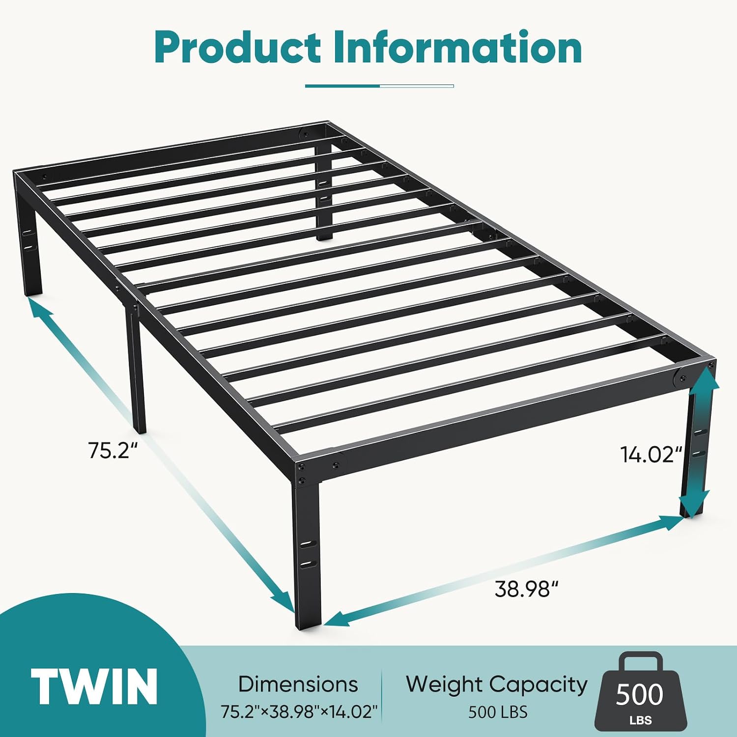 OLIXIS Twin Metal Platform Bed Frame - 14in High Heavy Duty Mattress Foundation with Storage Space, No Box Spring Needed, Sturdy Steel Slat Support, Easy Assembly, Black