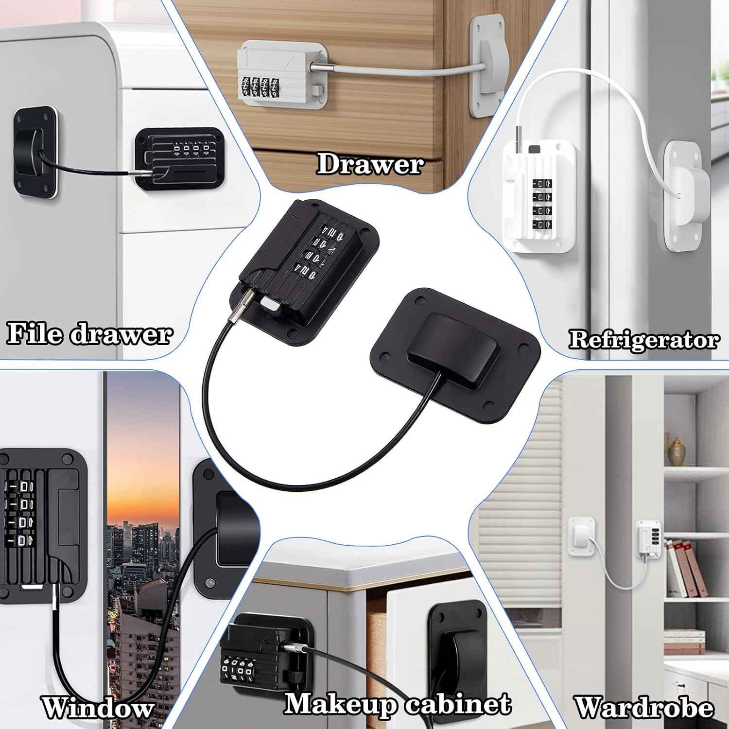 Fridge Locks with Code for Refrigerator, Cabinets, Freezer, Drawers, Wardrobes, Closets, Windows, Freezer Doors. Child Safety Lock with Combination for Kids and Aldults (Black with Password)