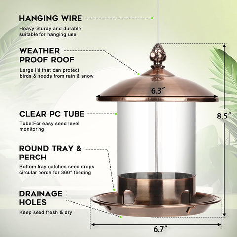 Gbekery Metal Bird Feeders for Outdoors Hanging, 360° Feeding Tray, Copper