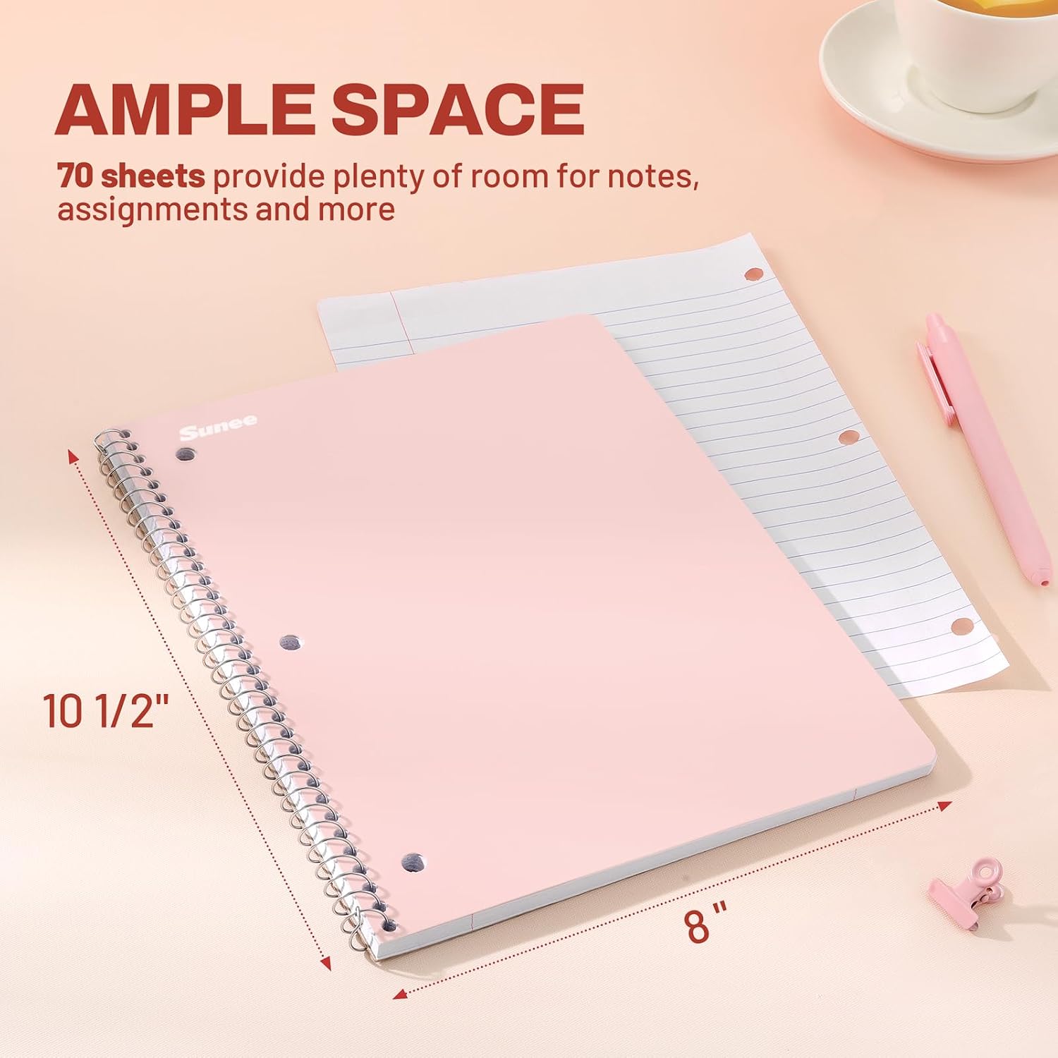 SUNEE Spiral Notebooks, 1-Subject, 5 Pack, College Ruled Paper, 8" x 10-1/2", 70 Sheets per Notebook,3-Hole Punched Paper, Pink,Purple, Blue, Green, Yellow Spiral Lined Notebooks for School,Work