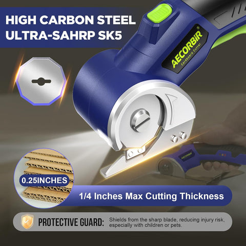 Cordless Electric Scissors: 4V Rechargeable Rotary Cardboard Cutter, 3000mAh Battery, with LED Light & Safety Lock, 2 Blades, Electric Box Cutter for Fabric Carpet Carton Plastic Leather Cloth (BLUE)