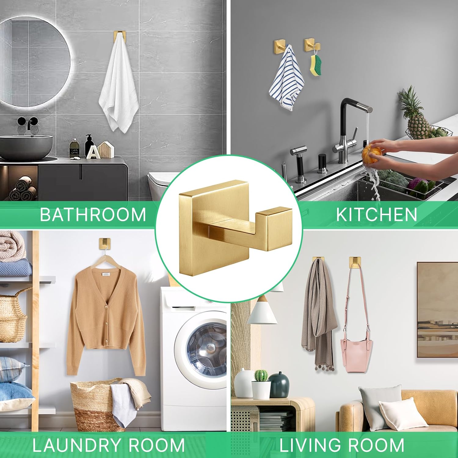 Heavy Duty Stainless Steel Towel Hooks, Wall Mounted Square Robe Hooks for Bathroom, Kitchen, Bedroom, Hotel Brushed Gold 2 Pack