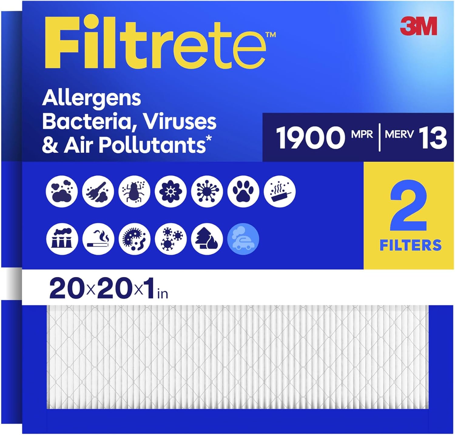 Filtrete 20x20x1 Air Filter, MERV 13 MPR 1900, Allergens, Bacteria, Viruses & Air Pollutants, 3-Month AC/Furnace Filters, Cleaner Air Reliable Airflow, 2 HVAC Filters(Act Size 19.62x19.62x0.78 in)