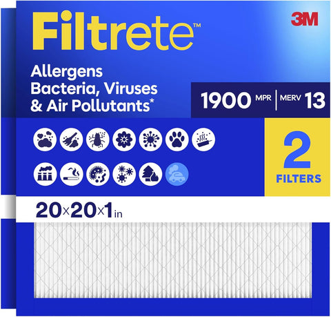 Filtrete 20x20x1 Air Filter, MERV 13 MPR 1900, Allergens, Bacteria, Viruses & Air Pollutants, 3-Month AC/Furnace Filters, Cleaner Air Reliable Airflow, 2 HVAC Filters(Act Size 19.62x19.62x0.78 in)