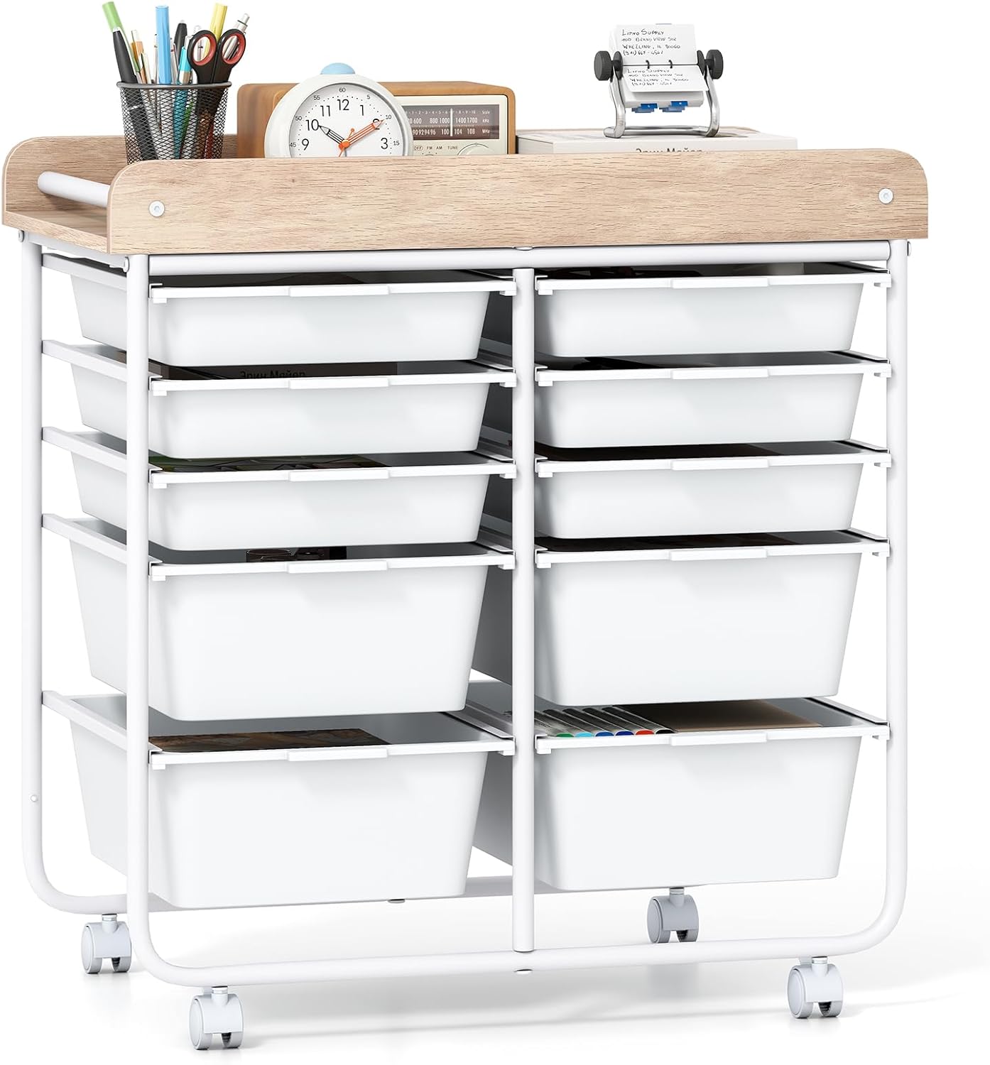 Giantex Rolling Storage Cart with 10 Drawers, Utility Cart w/Wooden Tabletop, Handle, Lockable Wheels, Multipurpose Organizer for Art Craft Scrapbooks Paper, Drawer Carts for Dorm School Office, White