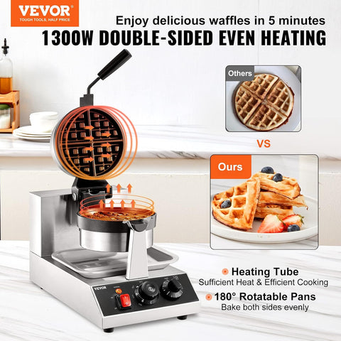 VEVOR Commercial Waffle Maker, 1300W Round Waffle Iron, Non-Stick Rotatable Waffle Baker Machine With 122-572℉ Temp Range and Time Control, Teflon-Coated Baking Pan Stainless Steel Body 110V