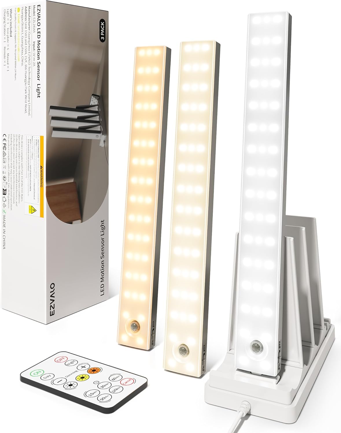 EZVALO 13inch Under Cabinet Lighting with Charging Station, 3200mAh Rechargeable Wireless Motion Sensor Lights, 96 LEDs, 3 Color Temps, Dimmable, Timer, Magnetic, with Remote for Kitchen (3 Pack)