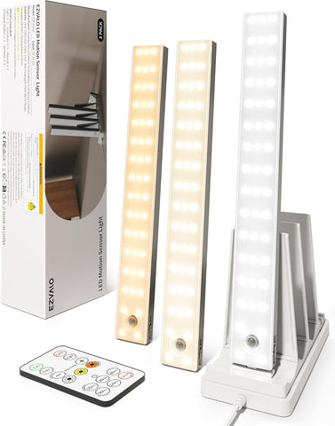 EZVALO 13inch Under Cabinet Lighting with Charging Station, 3200mAh Rechargeable Wireless Motion Sensor Lights, 96 LEDs, 3 Color Temps, Dimmable, Timer, Magnetic, with Remote for Kitchen (3 Pack)