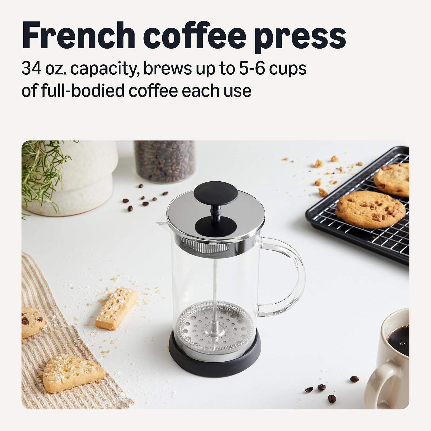 Amazon Basics French Coffee Press, 34 oz., Borosilicate Glass, BPA-Free, Triple Filtration System, Dishwasher-Safe Parts