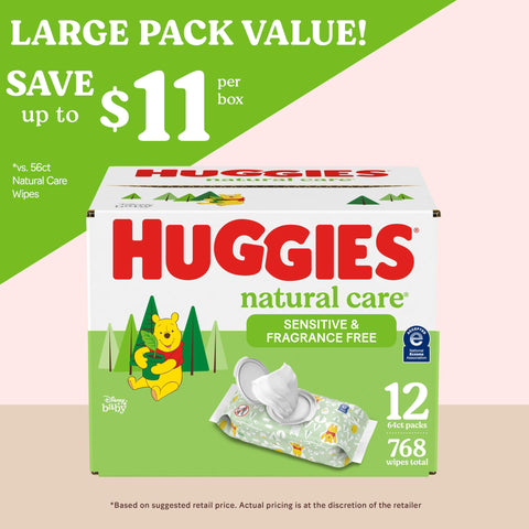 Huggies Natural Care Sensitive Baby Wipes, Unscented, Hypoallergenic, 99% Purified Water, 12 Flip-Top Packs (768 Wipes Total)