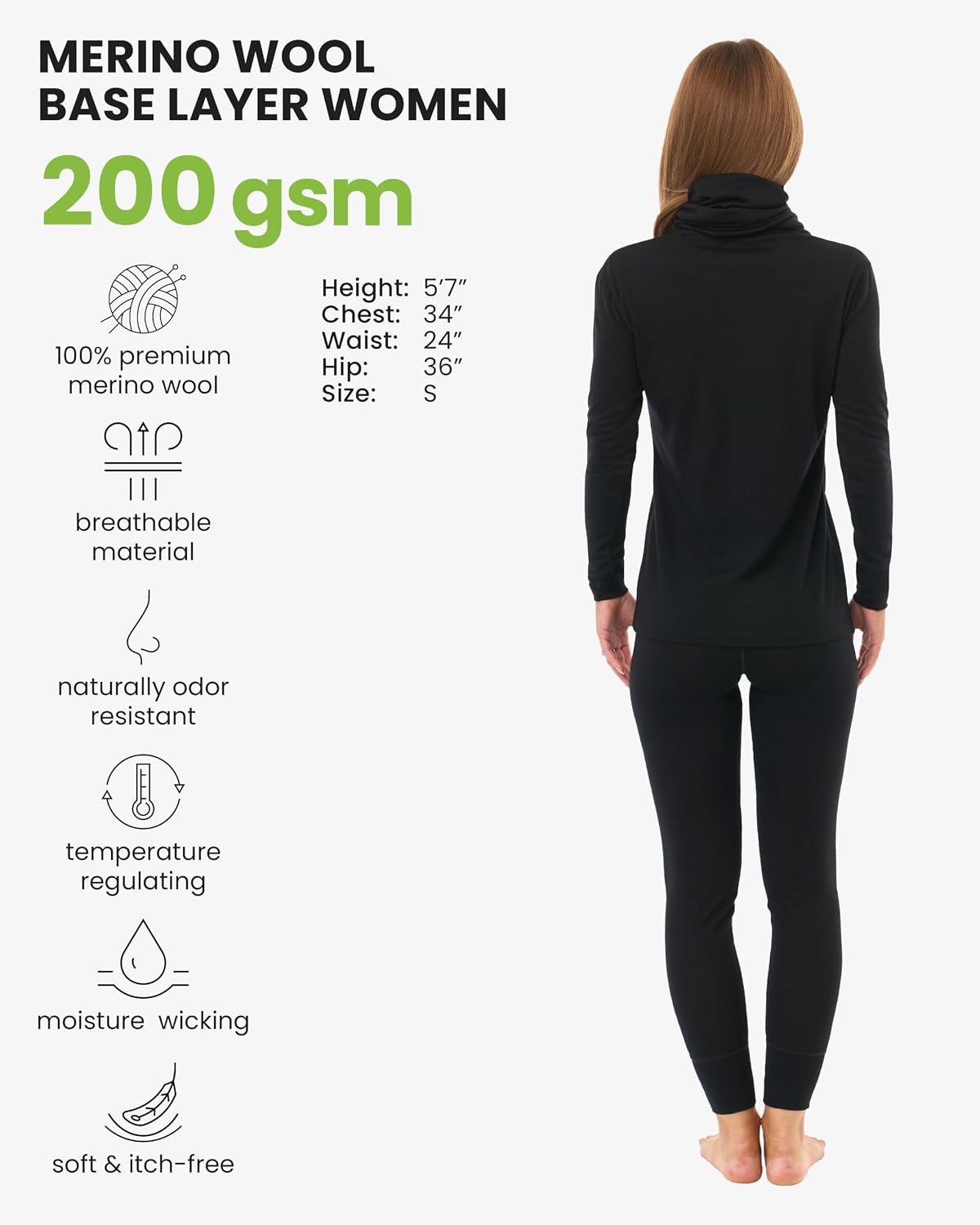 100% Merino Wool Base Layer Women - Thermal Underwear Set with Neck Gaiter