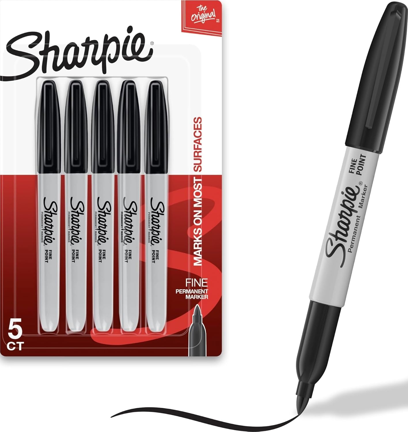 Sharpie Permanent Markers, Fine Tip, Black, 5 Count - Quick Drying, Fade Resistant