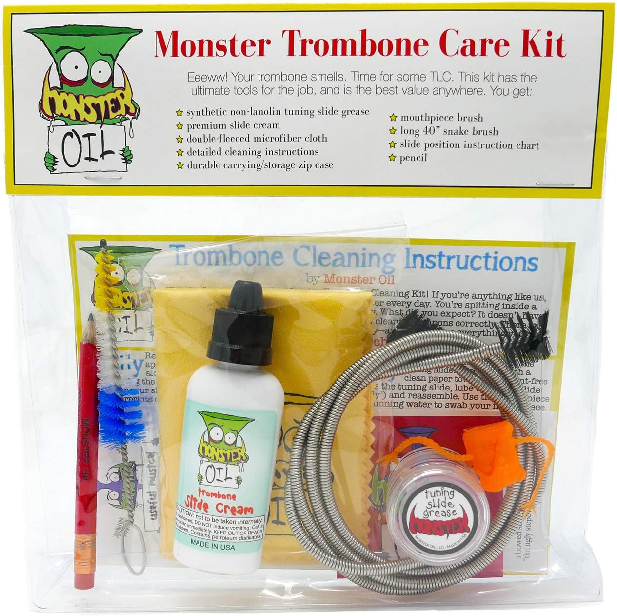 Monster Trombone Care and Cleaning Kit | USA-Based and Veteran-Owned! Slide Cream, Slide Grease, Mouthpiece Brush to Take Care of and Clean Your Trombone