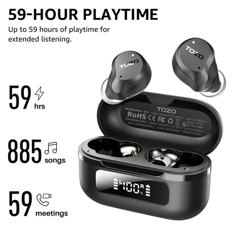 TOZO Hybrid Active Noise Cancelling Wireless Earbuds, 6 Mics ENC Clear Call, IPX8 Waterproof, in Ear Bluetooth 5.3 Headphones Stereo Bass Ear Buds 59H Playtime with LED Display 32 EQs via APP