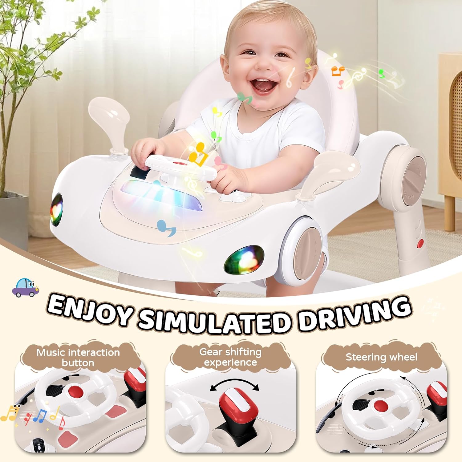 Baby Walker, 4-in-1 Baby Walker with Wheels Portable, Foldable Infant Toddler Walker for Boys Girls 6-18 Month,Removable Footrest,Car Steering Wheel & Music, Adjustable Push Walker Pink, Beige
