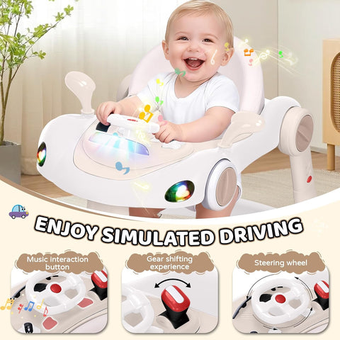 Baby Walker, 4-in-1 Baby Walker with Wheels Portable, Foldable Infant Toddler Walker for Boys Girls 6-18 Month,Removable Footrest,Car Steering Wheel & Music, Adjustable Push Walker Pink, Beige