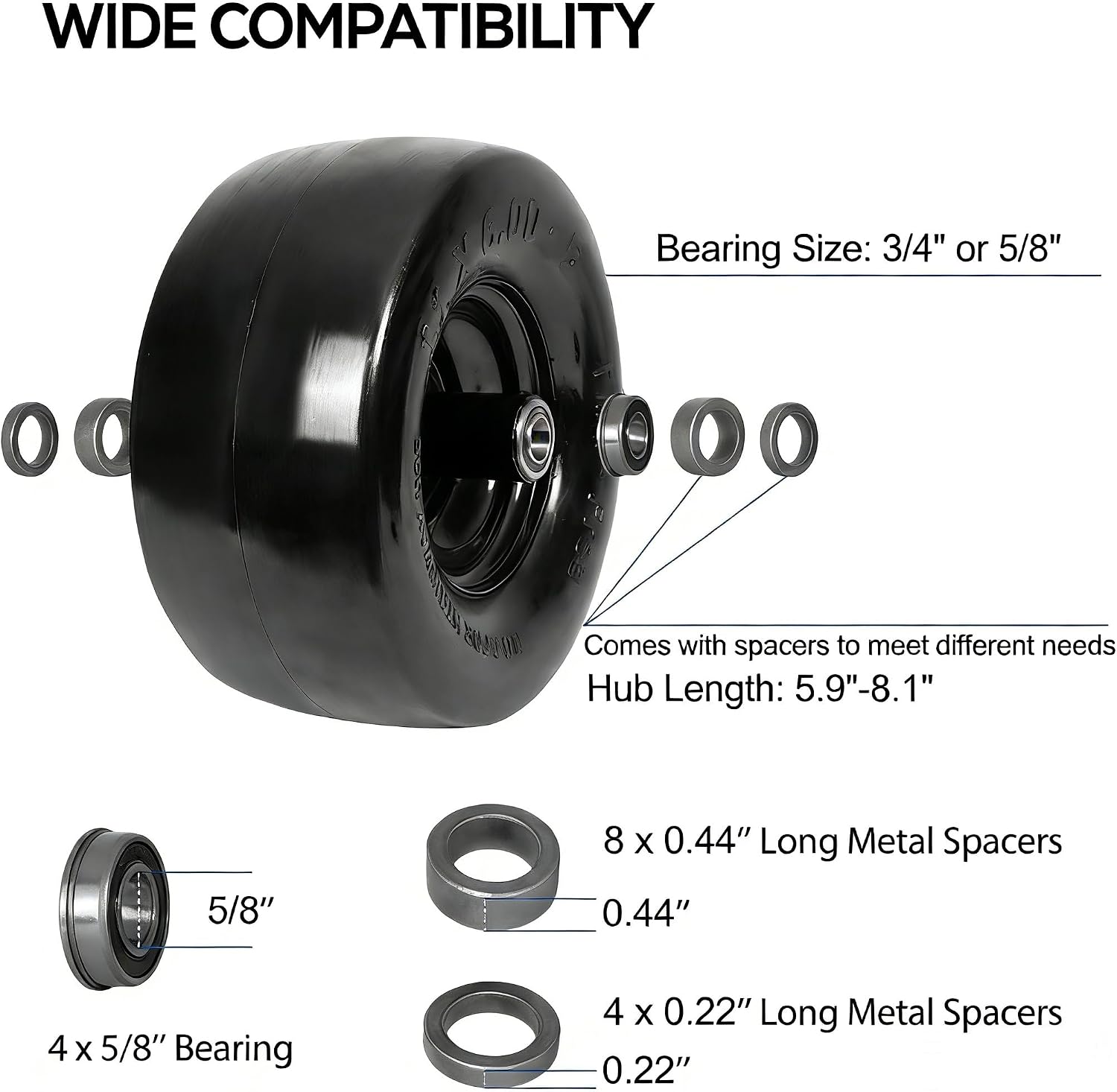2 Pack 11x6.00-5 Flat Free Lawn Mower Tires & Wheel Assembly, Universal Fit, 5.9"-8.1" Centered Hub, 5/8" & 3/4" Bearings, Turf Tires for Lawn Mowers & Tractors
