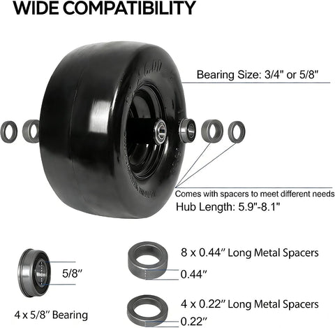 2 Pack 11x6.00-5 Flat Free Lawn Mower Tires & Wheel Assembly, Universal Fit, 5.9"-8.1" Centered Hub, 5/8" & 3/4" Bearings, Turf Tires for Lawn Mowers & Tractors