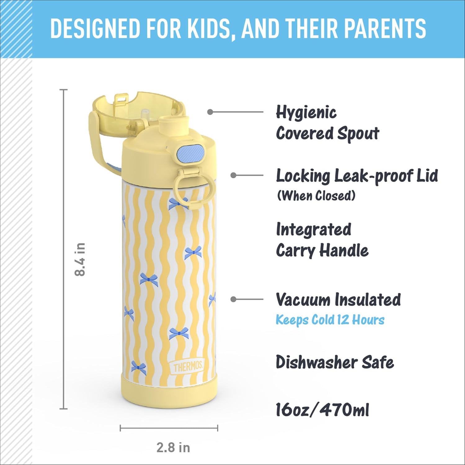 THERMOS FUNTAINER Water Bottle with Spout, 16oz, Wavy Bows