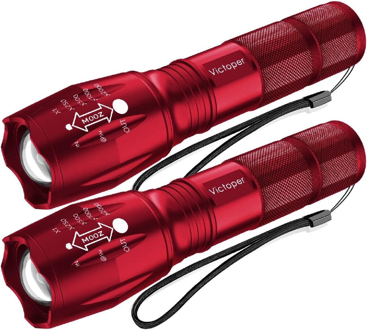 Victoper LED Flashlight 2 Pack Red, Bright Tactical Torch High Lumens 5 Modes, Waterproof Zoomable Flash Light for Outdoor, Birthday Gifts for Men, Dorm Room Hiking Camping Essentials Gear for Guys