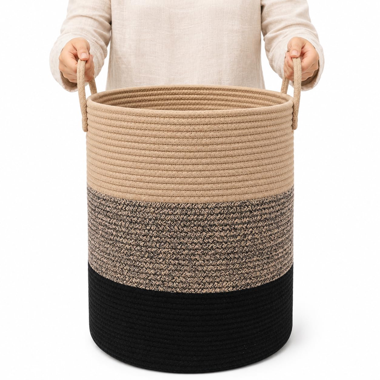 OrganiHaus Tall Cotton Rope Laundry Basket & Hamper, Blanket Storage 52L