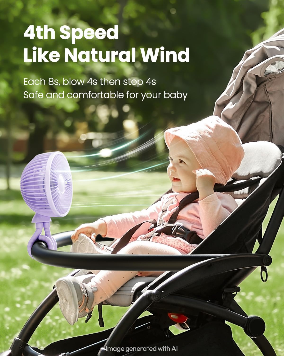 Gaiatop Oscillating Baby Stroller Fan with LED Lights, Rechargeable Purple