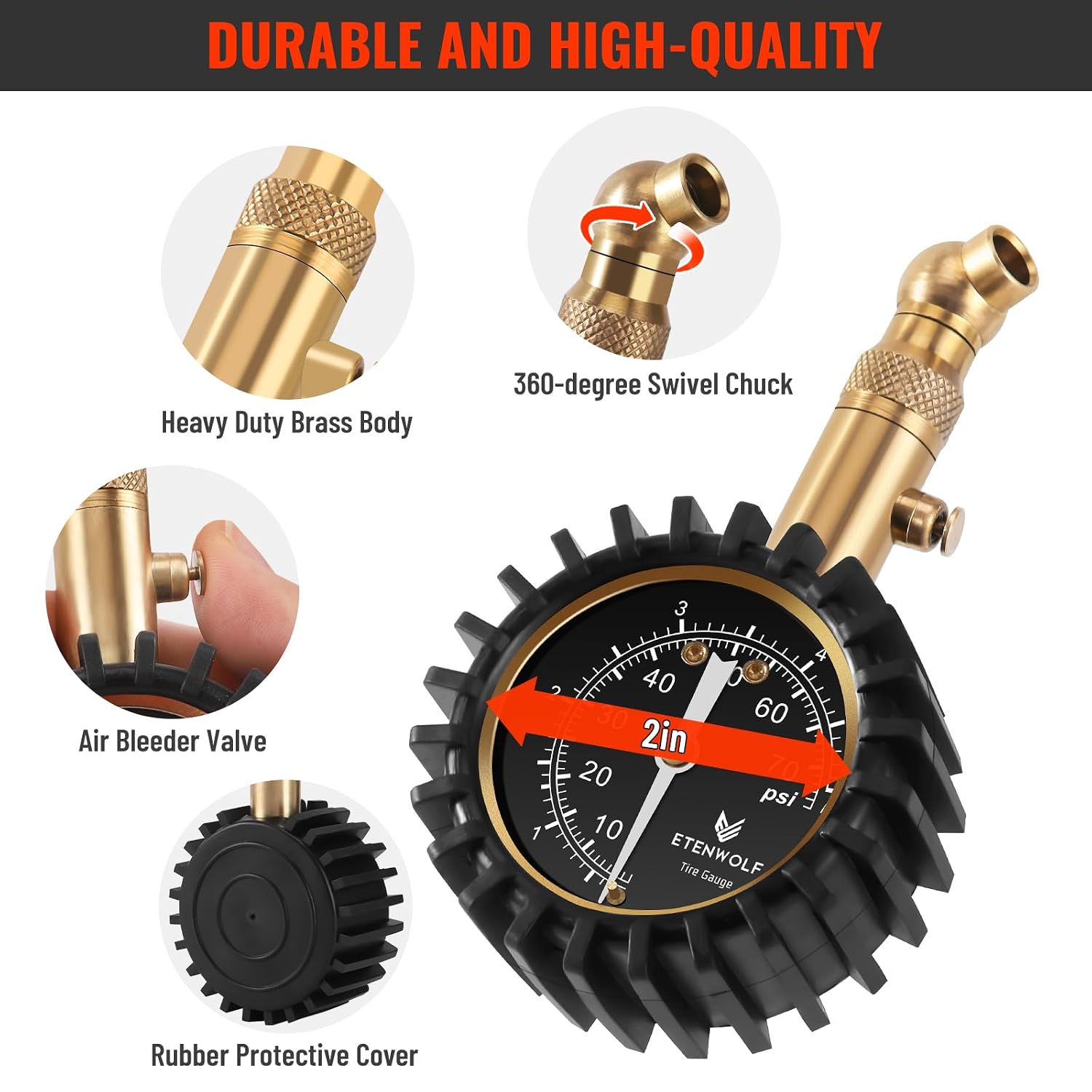 ETENWOLF Tire Pressure Gauge for Cars 0-75 PSI with Large Glow Dial