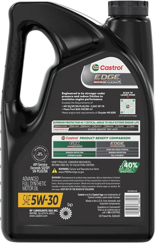 Castrol EDGE High Mileage 5W-30 Advanced Full Synthetic Motor Oil, 5 Quarts