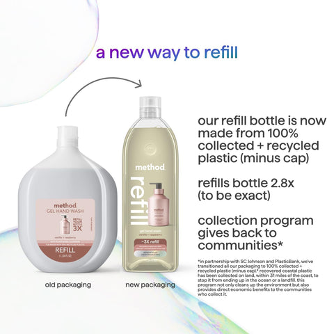 Method Premium Gel Hand Soap Refill, Vanilla + Raspberry, Recyclable Bottle, 34 fl oz (Pack of 4) (Packaging May Vary) | Refills Up to 3X, Hydrates and Softens Skin, Designed for Gentle Everyday Cleansing