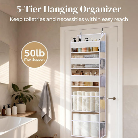 5 Tiers Over the Door Organizer with 10 Mesh Side Pockets, 44 lbs Weight Capacity Closet Hanging Storage Organizer with Large Clear Window Kids Toys, Shoes, Diapers, Beige