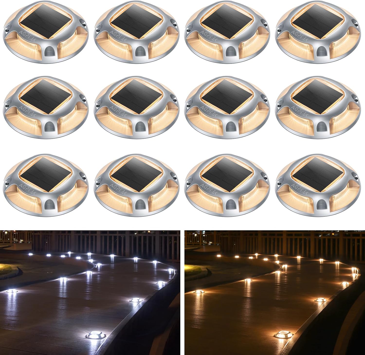 AGPTEK Solar Driveway Lights Outdoor 12 Pack, 2 Color Modes LED Deck Dock
