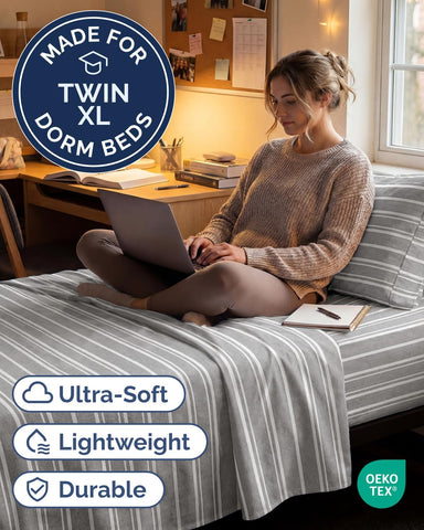 Twin XL 3 Piece Sheet Set - College Dorm Room Essentials - Grey Stripes