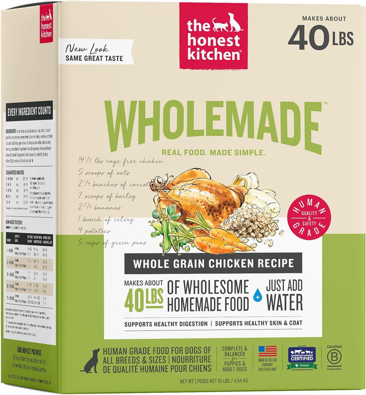 The Honest Kitchen Wholemade Whole Grain Chicken Recipe, Human Grade Dehydrated Dog Food, Just Add Water, Supports Digestion, Skin & Coat, Topper for Dry or Wet Dog Food, 10 lb Box Makes 40 lbs