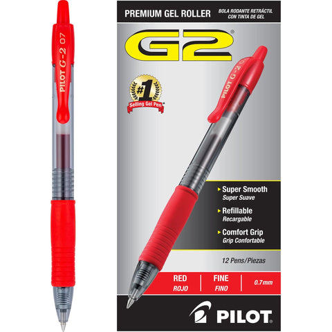 Pilot, G2 Premium Gel Roller Pens, Fine Point 0.7 mm, Red, Pack of 12