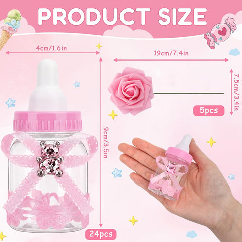 24Pcs Baby Bottle Candy Boxes 3.5" +5 Artificial Roses Baby Shower Favors
