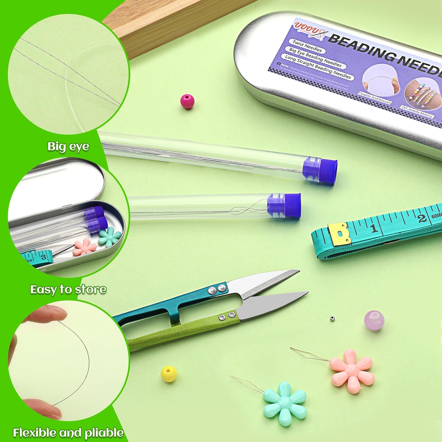 UOOU 32 Pcs Beading Needles Set, 8 Sizes Big Eye Bead Needles