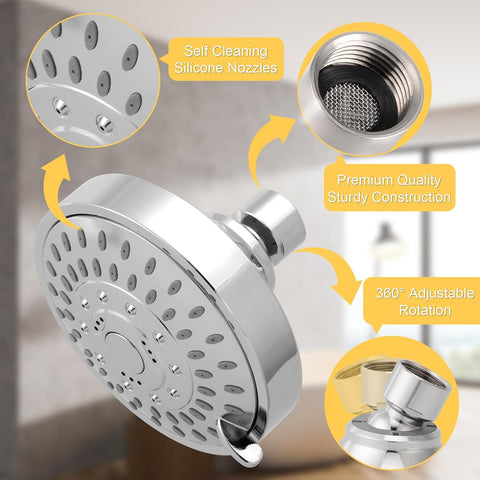 AISOSO High Pressure Rain Shower Head 5 Modes Showerhead 4.1" Chrome Silver